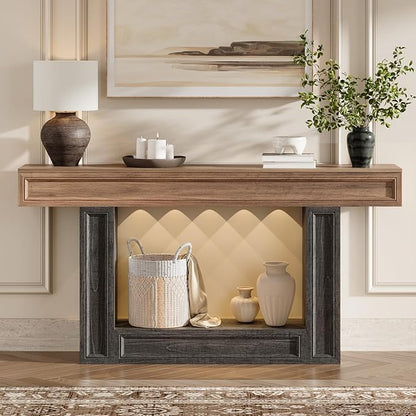 Rresyet 63" Console Table, 2-Tier Entryway Table with Sensor Lights, Coffee Table Behind The Sofa, with U-Shaped Base Suitable for Entryways, Living Rooms, Corridors, and Foyers(Wood)