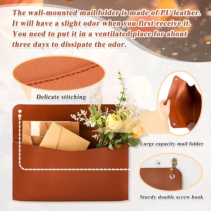 Marspark 2 Set PU Leather Mail Holder Wall Mount 12.2x10.24 Inch Leather Letter Holder 2 Ring Binder Hanging Wall File Organizer Mail Sorter for Decor Storage Letter Postcard Flower Home Office(Brown)