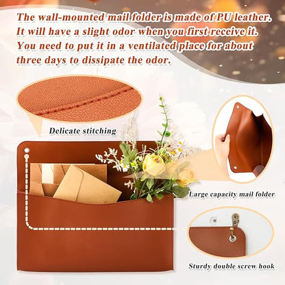Marspark 2 Set PU Leather Mail Holder Wall Mount 12.2x10.24 Inch Leather Letter Holder 2 Ring Binder Hanging Wall File Organizer Mail Sorter for Decor Storage Letter Postcard Flower Home Office(Brown)