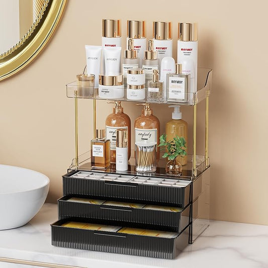 Bathroom Organizers and Storage, Makeup Organizer (Sturdy Durable Attractive), Ideal for Vanity, Countertop, Counter, Perfume, Skincare, Cabinet, Cosmetic, Dresser Organizer (deep black)