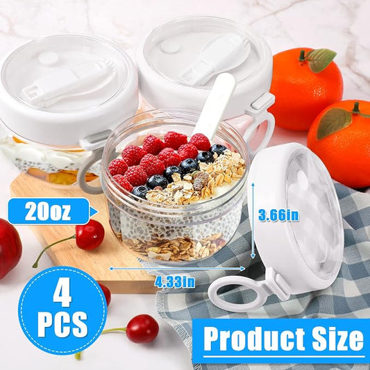 Gerrii 4 Pcs Overnight Oats Container with Lids and Spoons, 20 oz Plastic Overnight Oats Jars Large Capacity Airtight Yogurt Container for Milk, Fruit, Cereal and Salad Storage (White)