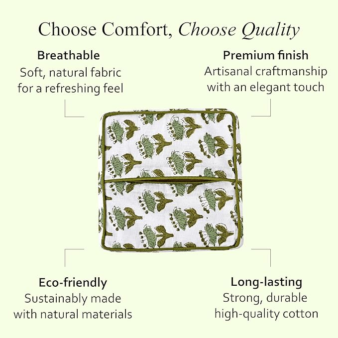 CPC Emerald Green Hand Block Printed Cotton Tissue Box Cover 5" x 5" x 5.5" Square Soft Reusable Boho Napkin Holder for Home Kitchen Dining Bathroom Office Cafe Spa Summer Thanksgiving