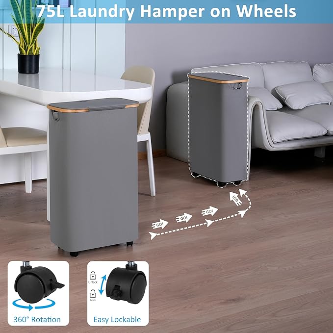 efluky Slim Laundry Basket with Wheels, Tall Rolling Laundry Hamper with Lid and Removable Bag, Aesthetic Dirty Clothes Hamper on Wheels for Laundry Room, Bedroom, Dorm and Bathroom,75L Grey