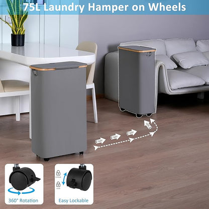 efluky Slim Laundry Basket with Wheels, Tall Rolling Laundry Hamper with Lid and Removable Bag, Aesthetic Dirty Clothes Hamper on Wheels for Laundry Room, Bedroom, Dorm and Bathroom,75L Grey