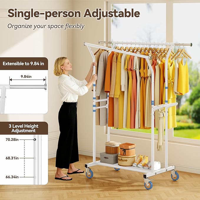 Heavy Duty Clothes Rack for Hanging Clothing: 800LBS Rolling Coat Racks Poartable Garment with Wheels Shelves Freestanding Sturdy Metal Adjustable Extendable Bedroom Laundry Living Room