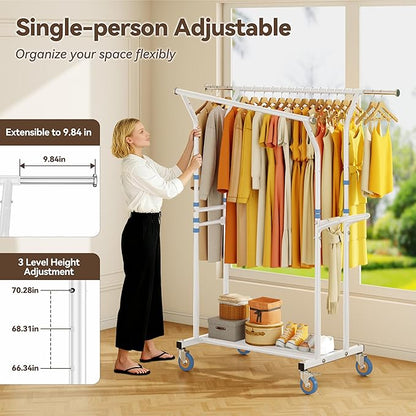 Heavy Duty Clothes Rack for Hanging Clothing: 800LBS Rolling Coat Racks Poartable Garment with Wheels Shelves Freestanding Sturdy Metal Adjustable Extendable Bedroom Laundry Living Room