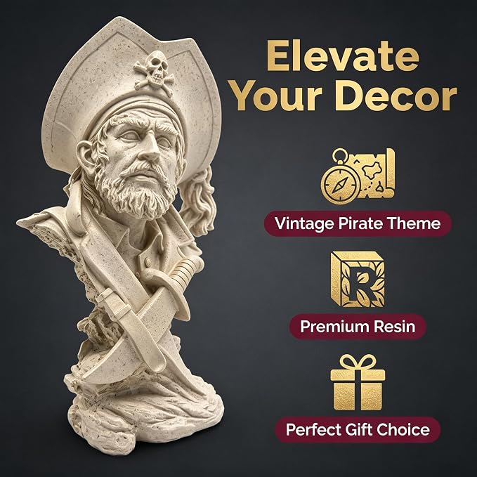 H&W Sandstone Pirate Figurines - Buccaneer Francis Drake Statue Decoration for Home/Study/Living Room, Great Collectible Figurines, Best Gift for The Man, Sandstone Color (HH17-D5)