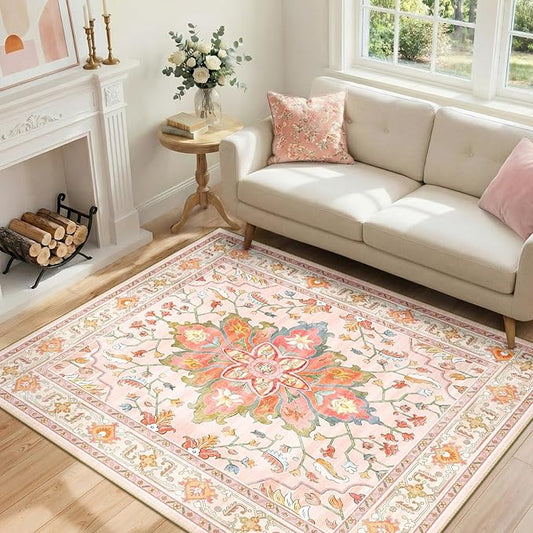 RELEANY Area Rugs 4'x6' Washable Non-Slip, Floral Vintage Distress Medallion Carpet for Living Room Bedroom Dining Room, Light Pink Colorful