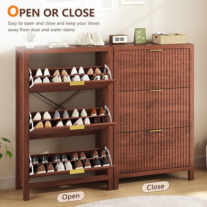 Shoe Cabinet Storage for Entryway, Fluted Shoe Cabinet with 3 Flip Drawers, Hidden Shoe Rack Tall Freestanding Shoe Organizer with Legs for Hallway, Walnut