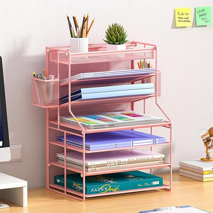 7 Tier Desk File Organizer,Metal Document Holder with Adjustable Shelves, Pull-Out Drawer & Removable Pen Holder for Office Organization,Pink