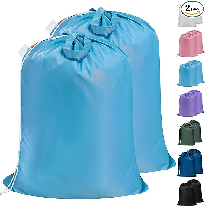 Polecasa 2 Pack Extra Heavy-Duty Laundry Bag 28x36”- Machine Washable Large Storage Bag with Reinforced Handles & Drawstring Closure & ID Tag for College Dorm Travel -Gulf Blue