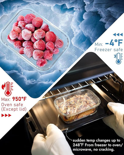 12-Pack Glass Containers with Tempered Lids – Borosilicate, Oven-Safe(-4°F~950°F), Airtight, BPA-Free, Multi-Size for Meal Prep, Dishwasher Safe (Blue)
