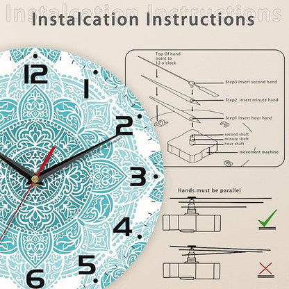 Teal Mandala Flower Wall Clock, Silent Non-Ticking, Battery Operated, Wooden Decorative Round Clock with Arabic Numerals, 10 Inch