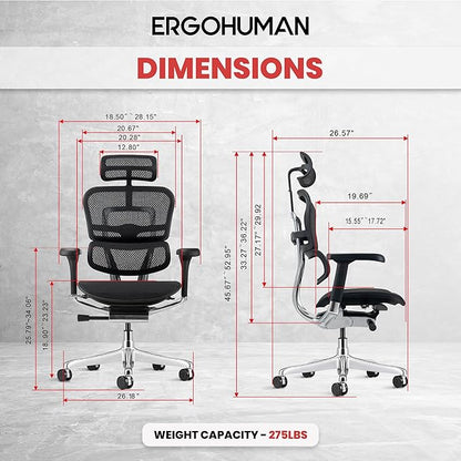 Ergohuman Eurotech ME7ERG GEN2 High Back Mesh Office Chair with Tilt Tension Control, Tilt Lock, Back Angle, Back Height, Synchro Tilt, Seat Height, Seat Depth, and Arm Height Adjustments, Black