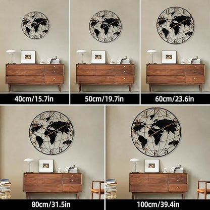 Mee 2ou Large Wall Clock - 24 Inch World Map Minimalist Modern Round Metal Wall Clock Silent Non-Ticking Battery Operated Wall Clocks for Living Room Kitchen Office Farmhouse Home Decor