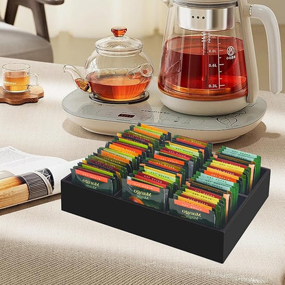 Tasybox Tea Bag Organizer, Black Acrylic Tea Bag Holder with 6 Slot, Tea Packet Storage for Drawer, Pantry, Kitchen, Cabinet, Countertop