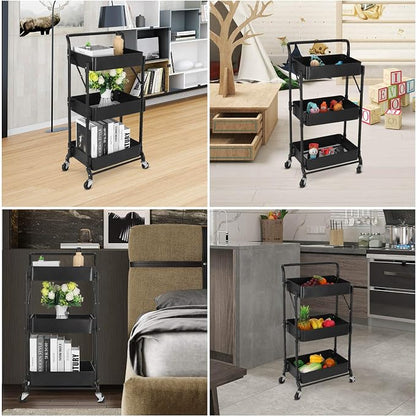 Foldable 3 Tier Metal Utility Rolling Cart, Folding Mobile Multi-Function Storage Trolley Organizer Cart for Home Library Office(Black)