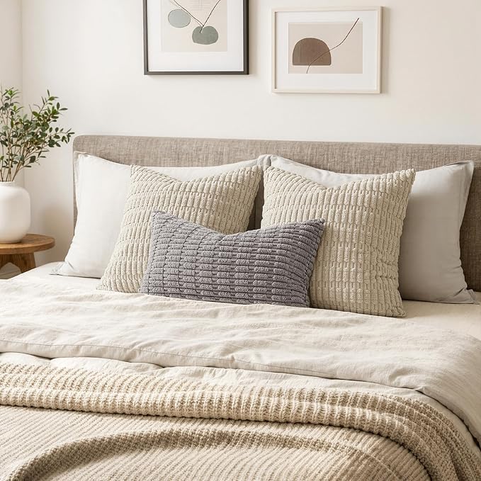 MIULEE Pack of 2 Corduroy Decorative Lumbar Throw Pillow Covers 20x12 Inch Soft Boho Striped Pillow Covers Modern Farmhouse Home Decor for Sofa Living Room Couch Bed Light Grey