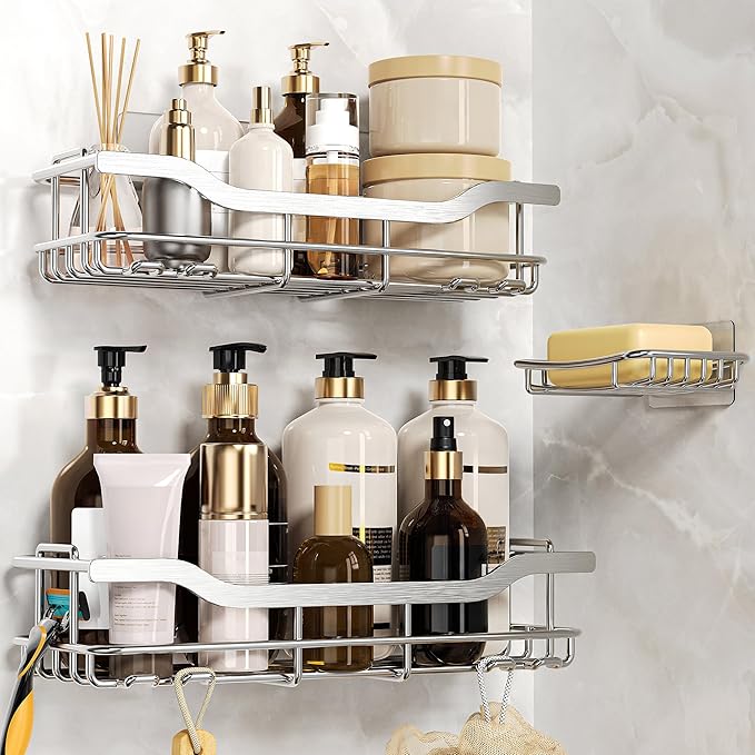 OMAIRA 3-Pack Shower Caddy with Soap Holder, Adhesive Rustproof No-drill Strudy Loading Inside Shower Organizer Shelves Rack Storage Bathroom Organization for Smooth Wall Glass Tile, Silver (X-Large)