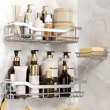 OMAIRA 3-Pack Shower Caddy with Soap Holder, Adhesive Rustproof No-drill Strudy Loading Inside Shower Organizer Shelves Rack Storage Bathroom Organization for Smooth Wall Glass Tile, Silver (X-Large)