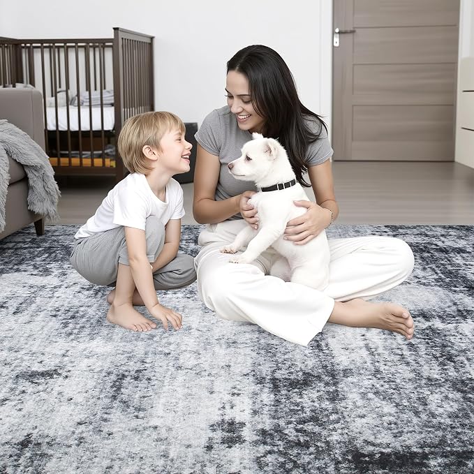 10x14 Area Rug Living Room Rug: Washable Modern Abstract Soft Thin Rug Indoor Floor No Slip Stain Resistant Carpet for Bedroom Dining Room Farmhouse Nursery Home Office - Dark-Black