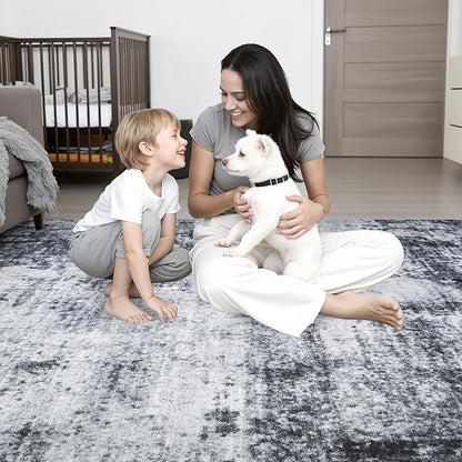 6x9 Area Rug Living Room Rug: Washable Modern Abstract Soft Thin Rug Indoor Floor No Slip Stain Resistant Carpet for Bedroom Dining Room Farmhouse Nursery Home Office - Dark Black