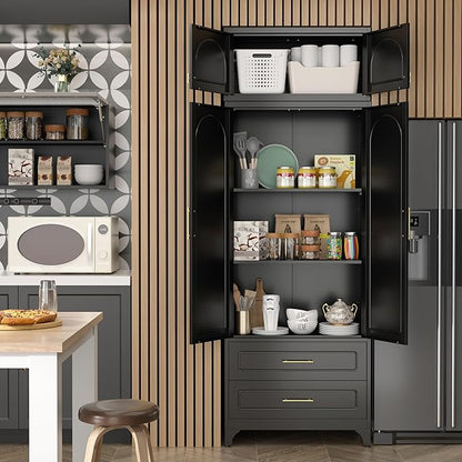 Kitchen Pantry Cabinet，90" Storage Cabinets with Doors and Shelves,Metal Pantry Cabinet with 2 Drawers,White Kitchen Cupboard for Livingroom,Pantry, Bathroom