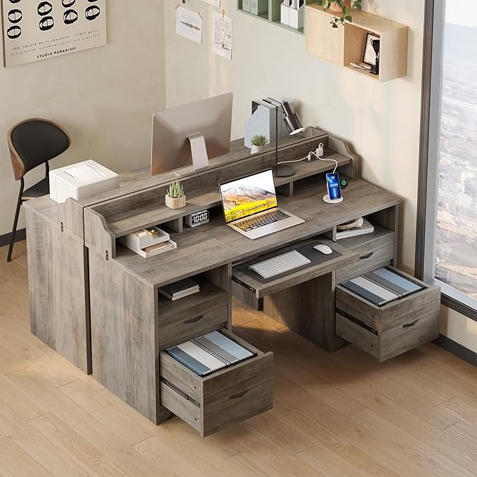 Bestier Farmhouse 59" Executive Desk with Drawers, Wood Computer Desk with Charging Station, Home Office Desk with Keyboard Tray & Monitor Stand, Sturdy Pedestal Desk for Work Study, Grey