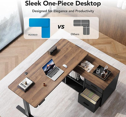 HUANUO L Shaped Standing Desk, Electric Executive Desk with Drawers, Adjustable Height Stand Up Desk, 55″ x 23.6″ One-Whole Piece Desktop, Home Office Computer Desk with 4 Memory Presets, Walnut