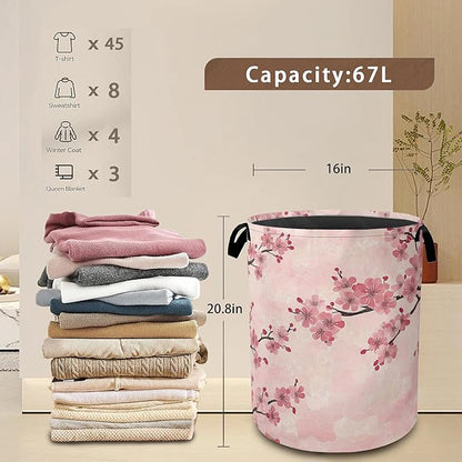 Laundry Hamper,Pink Flower Laundry Basket,Cherry Blossom Waterproof Oxford Cloth Storage Basket with Handle for Clothes Books Nursery Home Storage Sundries 16"x20"
