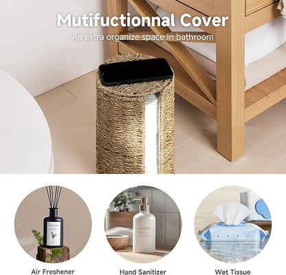 StorageWorks Seagrass Free Standing Toilet Paper Holder Stand for Bathroom, 3 Rolls of Toilet Tissue Storage with a Built-in Cloth Lining, Toilet Roll Holder Stand with Lid