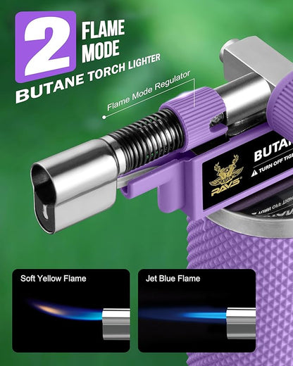 RAVS 2 Flame Mode Butane Torch Lighter, Refillable Kitchen Torch with Adjustable Flame & Safety Buckle, Metal Body Cooking Torch for Baking, BBQ, Purple Soldering Torch Butane Gas Not Included