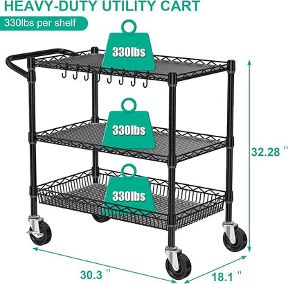 Folews Heavy Duty Rolling Cart with Wheels, 3 Tier Commercial Grade Utility Cart, Metal Kitchen Storage Trolley with Handle Bar & Shelf Liner for Food Service Tool, Black