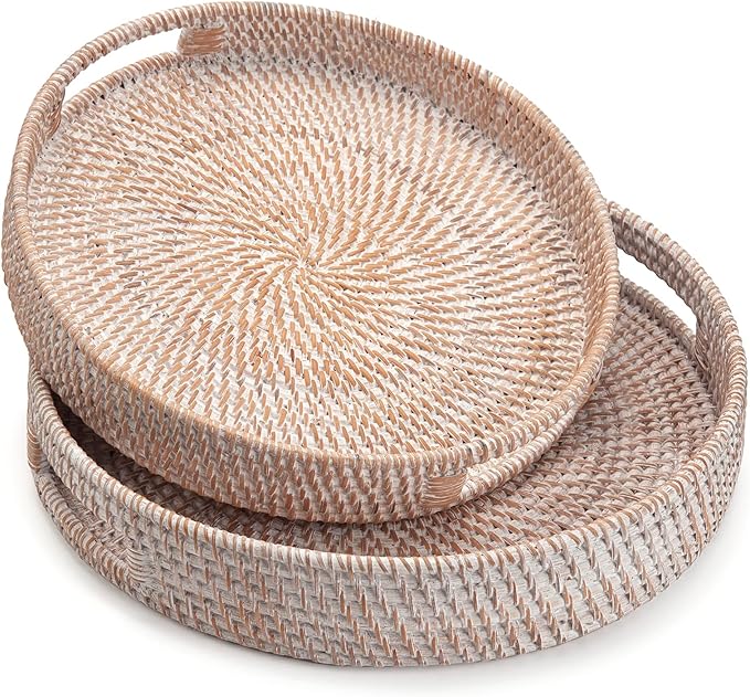 Coffee Table Tray Round Rattan Ottoman Tray Woven Serving Trays with Handles for Home and Kitchen Decorative White (Large 14 inch x 2.4 inch)