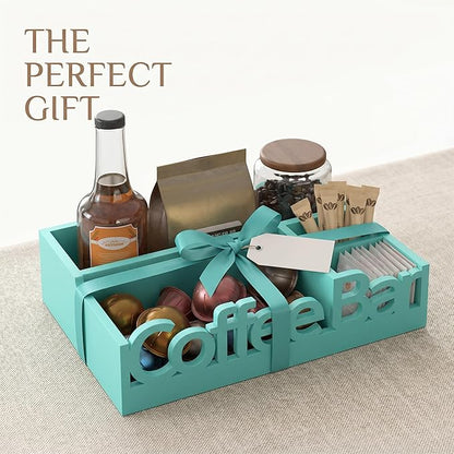 Coffee Bar Organizer for Countertop - Wood Coffee Pods Holder Storage Basket, Essential Coffee Bar Accessories for Home and Office, Condiment Station, Mini Coffee Bar