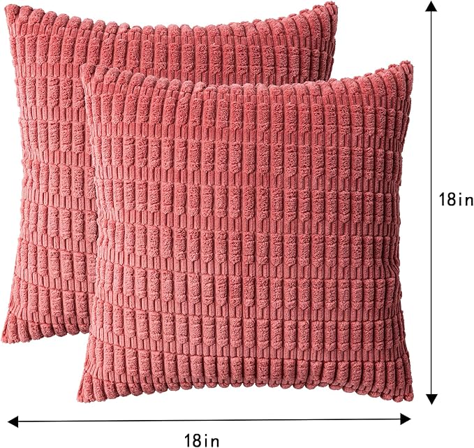 Aegero Pack of 2 Corduroy Decorative Throw Pillow Covers 18x18 InchSoft Boho Striped Pillow Covers Modern Farmhouse Home Decor for Sofa Living Room Couch Bed（Cranberry Red）