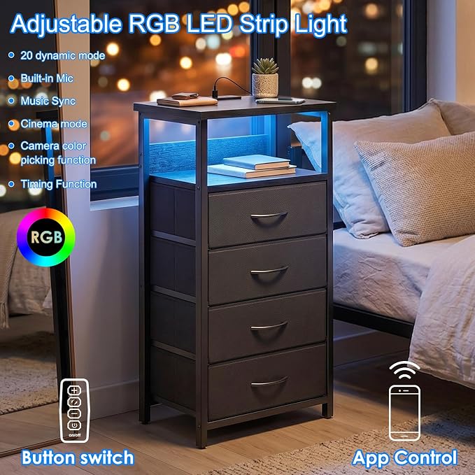 Fixwal Night Stand with Charging Station, Tall Nightstand with U-S-B Ports and Outlets, 4 Fabric Storage Drawers with PU Finish, Small Dresser Bed Side Table, Black