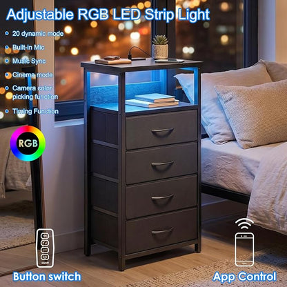 Fixwal Night Stand with Charging Station, Tall Nightstand with U-S-B Ports and Outlets, 4 Fabric Storage Drawers with PU Finish, Small Dresser Bed Side Table, Black
