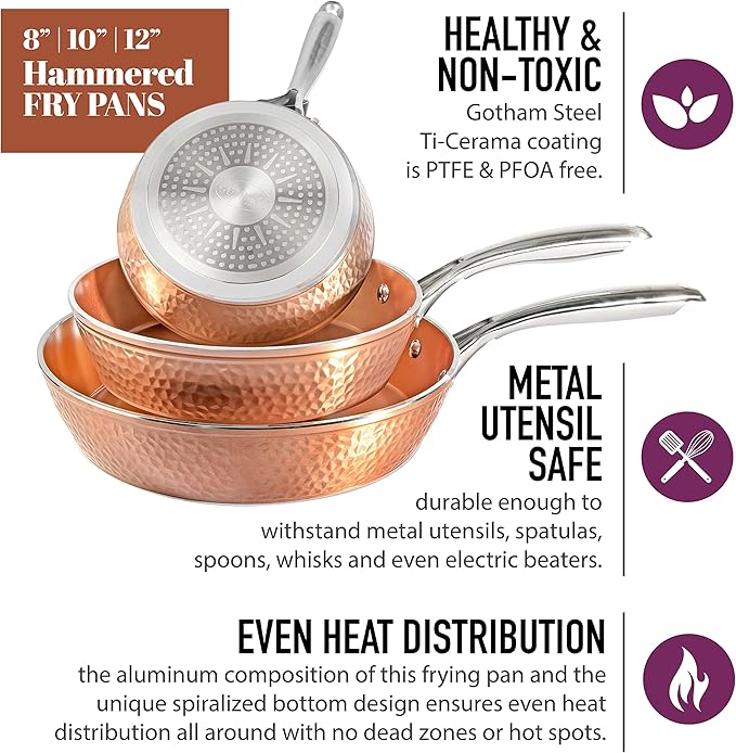 Gotham Steel Hammered Frying Pan Set, 3 Piece Nonstick Copper Fry Pans, 8”, 10” & 12” Skillet, Omelet Pan, Cookware, PFOA Free, Dishwasher Safe, Cool Touch Handle