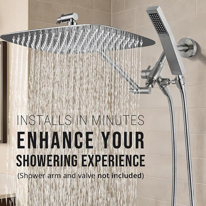 G-Promise All Metal 16 Inch Dual Square Shower Head with Handheld Spray Combo, Rain Shower Head, Adjustable Extension Arm, 3-Way Diverter, 71 Inch Extra Long Hose - A Bathroom Upgrade(Brushed Nickel)