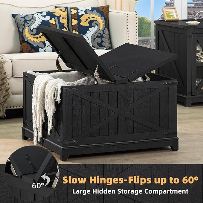 Farmhouse Coffee Table Set of 3, Furniture Set with Charging Station, Coffee Table with Hidden Storage Organizer and Nightsand 3-piece set, Country Center Table Set for Living Room,Office, Home