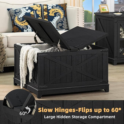 Farmhouse Coffee Table Sets 3 Pieces, Large End Side Tables with Charging Station and Coffee Table with Hidden Storage Compartment, Black Living Room Table Set, Wood Furniture Sets for Home Office