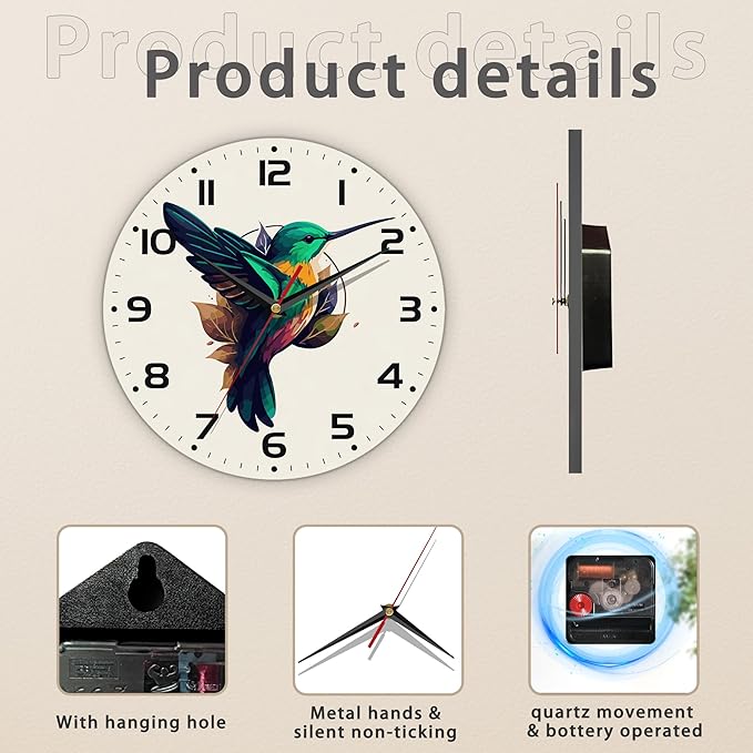 Flaying Hummingbird Bird Wall Clock Silent Non-Ticking Battery Operated Clock 10 Inch, Home Decor for Living Room, Kitchen, Bedroom and Office