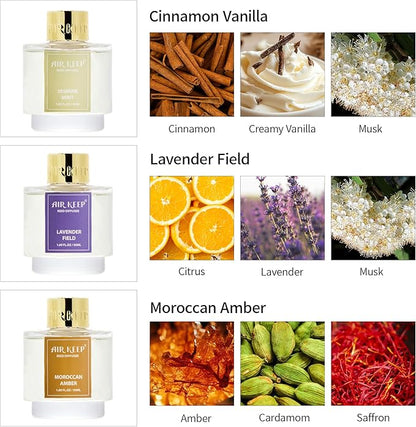 Airkeep Reed Diffuser Set of 3, Cinnamon Vanilla Lavender Field Moroccan Amber Oil Reed Diffusers for Bedroom Living Room Office Aromatherapy Oil Reed Diffuser for Gift 50ml x 3