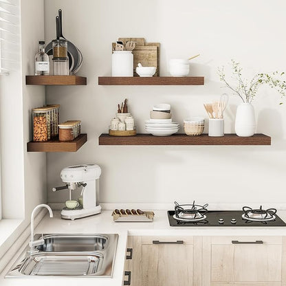 Vivelove 12 Inch Deep Floating Shelves for Wall, 24" X 12" X 2" Floating Shelf, 2 Inch Thick Shelf for Bathroom Bedroom Kitchen Book Room, Modern Farmhouse Decor Set of 2, Walnut