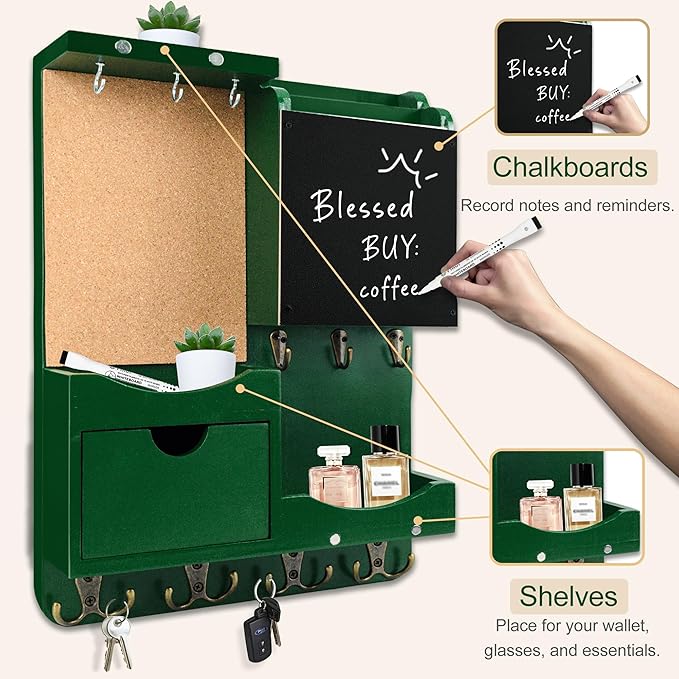 Key Holder Wall Mount， Mail Organizer Key Holder for Wall with Shelf, Drawer, Chalkboard, Corkboard, Home Decor Wall Mounted for Room Entryway (Green)