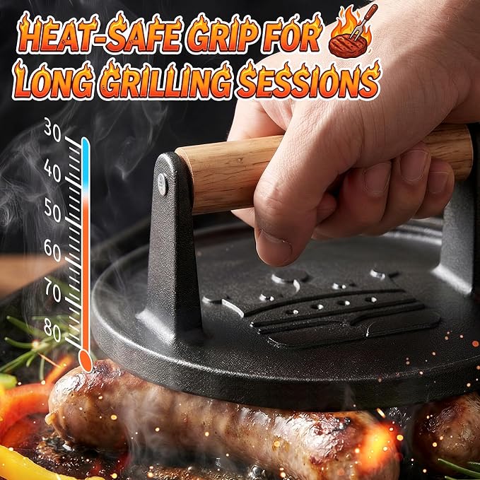 Smash Burger Press 6.5”, Includes 20 Pcs of Baking Paper, Cast Iron Flat Round Edge Grill/Bacon/Meat/Hamburger/Chef Press with Wood Handle, Hamburger Press Patty Maker for Griddle Accessories