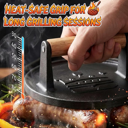 Smash Burger Press 6.5”, Includes 20 Pcs of Baking Paper, Cast Iron Flat Round Edge Grill/Bacon/Meat/Hamburger/Chef Press with Wood Handle, Hamburger Press Patty Maker for Griddle Accessories