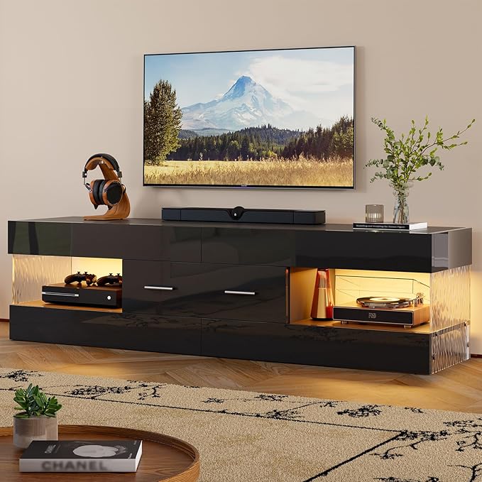Bestier Black TV Stand for 55/60/65 Inch TV, High Gloss Modern TV Stand with Stone-Patterned Side Panels, LED Entertainment Center with Large Drawer, TV Consoles for Living Room, Bedroom