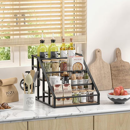 Coffee Syrup Rack Organizer, 4 Tier Countertop Storage Shelves, Kitchen Storage, 16 Syrup Bottle Stand Holder for Wine, Liquor, Kitchen Coffee Station Organizer Rack, 13.8"x16.9"x13.0", Rustic Brown